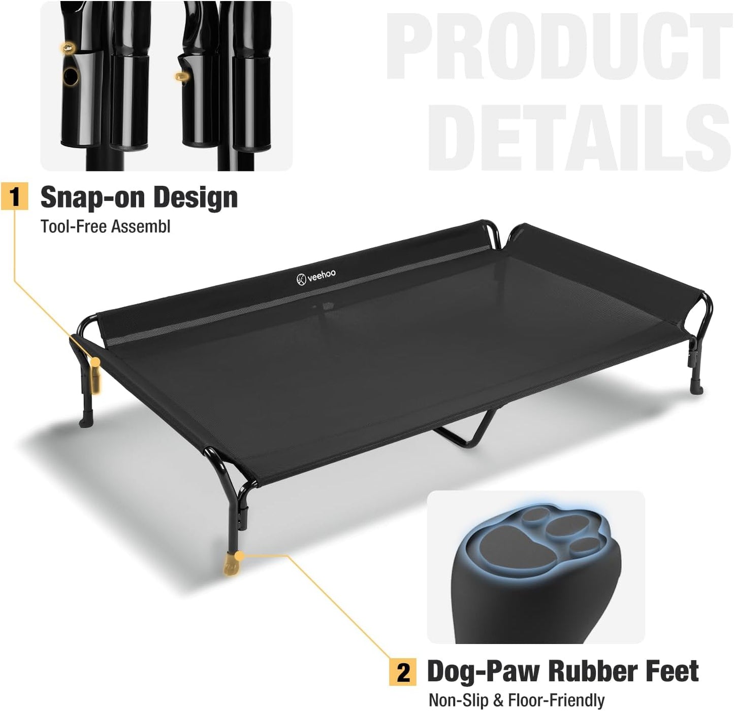 Veehoo Cooling Elevated Dog Bed, XL Raised Pet Cot with Guardrail & Slope Headrest, Durable Breathable Teslin Mesh, Non-Slip Feet, Washable Dog Couch Bed for Indoor & Outdoor, 50.5" x 33.5, Black