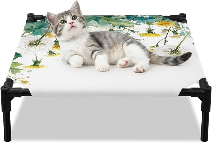 Outdoor Elevated Dog Bed for Small Dogs, Hanging Dandelions Breathable Cooling Raised Dog Cot for Indoor/Outdoor, Green Leaves Botanical Flower Minimalist Waterproof Elevated Pet Beds, S 20 x 20 in