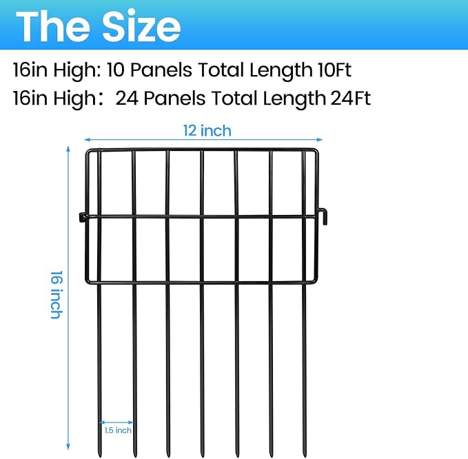 10 Pack Animal Barrier Fences, 1.5" Gap No Digging Garden Fence Panels, Metals Black Deterrent Fence for Dogs Rabbits, Decorative Fence for Outdoor Landscape Patio Total 10 ft(L)×16 in(H)