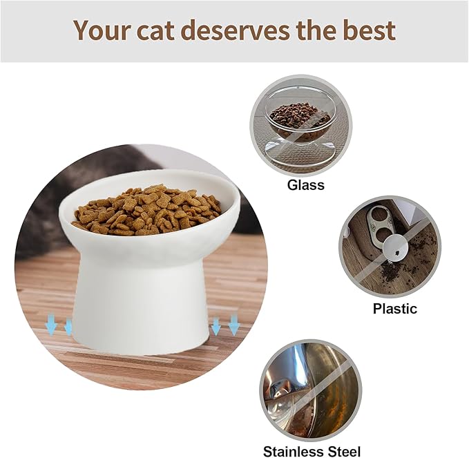 Elevated Cat Bowls, 15° Tilted Ceramic Raised Cat Food and Water Bowl Set, Whisker-Friendly Porcelain Pet Feeder Dishes for Indoor Cats and Small Dogs,White,6.2 Inch,2 Pack