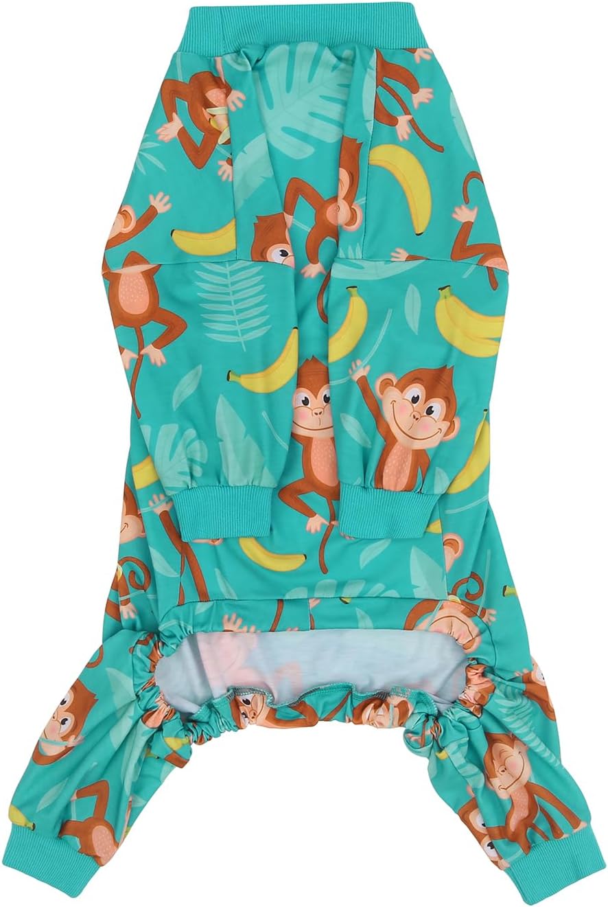 HDE Dog Pajamas One Piece Jammies Jumpsuit Pet Clothes Outfit Stretchy Lightweight Comfy Shirt Pjs for M-3XL Dogs Monkeying Around - M