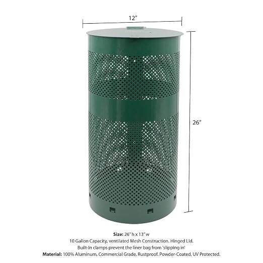 ZERO WASTE USA - Aluminum Outdoor Trash Can, 10 Gallon, Gloss Green | Rust-proof 10-gallon aluminum outdoor trash can, post or wall mount, built-in liner clamps, weather-resistant lid