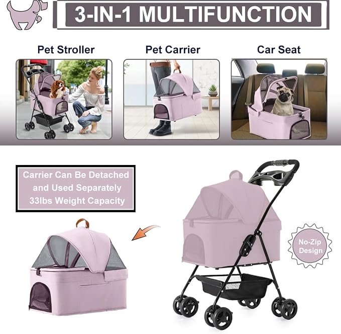 3-in-1 Pet Stroller for Small Dogs and Cats, Folding Lightweight Dog Stroller with Detachable Carrier Portable Cat Puppy Jogging Stroller with Cup Holder and Storage Basket, 4 Wheels