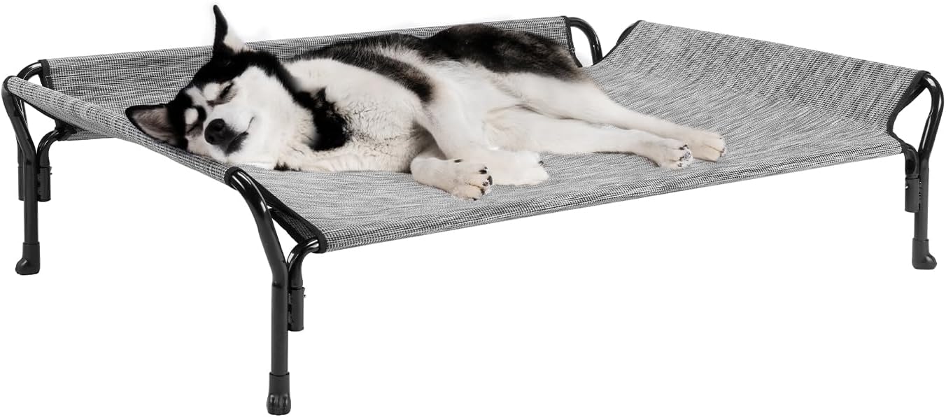 Veehoo Cooling Elevated Dog Bed, Dog Cots for Large Dogs, Raised Dog Bed with Guardrail & Slope Headrest, Durable & Breathable Teslin Mesh, Dog Sofa Bed for Indoor & Outdoor, Large, Black Silver