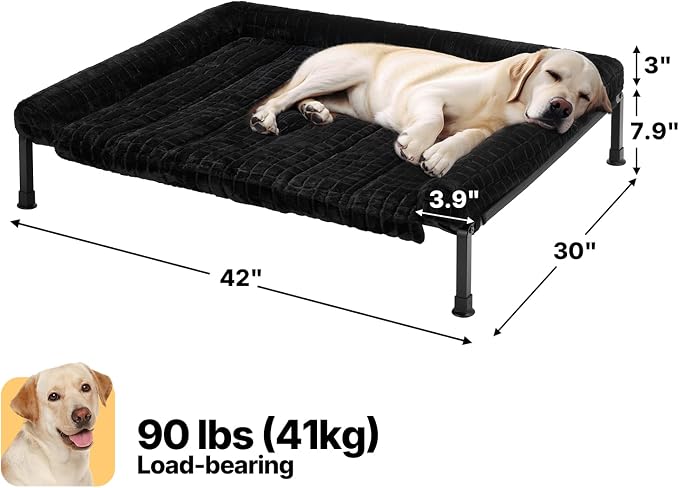 Veehoo Elevated Dog Bed with Fluffy Plush Bolster Cushion, Dog Couch Bed | Cooling Raised Dog Bed for Large Dogs, Washable Orthopedic Pet Cot with Removable Mat, Breathable Mesh, Non-Slip, 42", Black