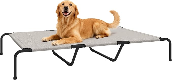 PawHut Elevated Dog Bed for Large Breeds Easy to Assemble 60" L Beige | Outdoor Dog Bed, No Tools Required, Portable Raised Pet Cot, Steel Frame and Breathable Mesh