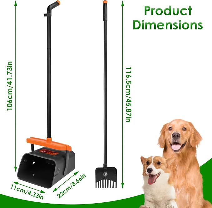 PUPIX Pooper Scooper Kit with Extra Long Handle Dog Poop Rake and Swiveling Bin Heavy Duty Pet Waste Pick Up Tool Includes 35 Waste Bags Dispenser No Bending Easy Yard Cleanup
