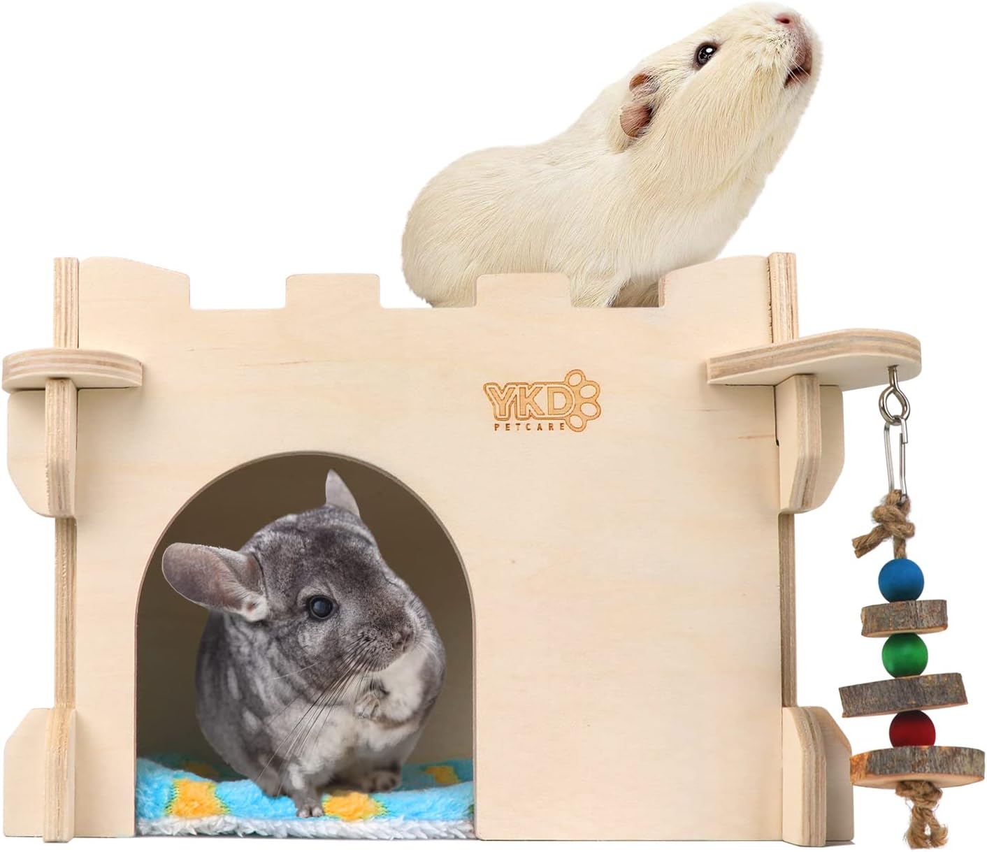 YKD Castle Chinchilla House - Small Animal Hideout for Chinchilla Guinea Pig Hedgehog, or Rat - Ventilated Wooden Guinea Pig Hut Habitat with Multiple Doors (Medium)