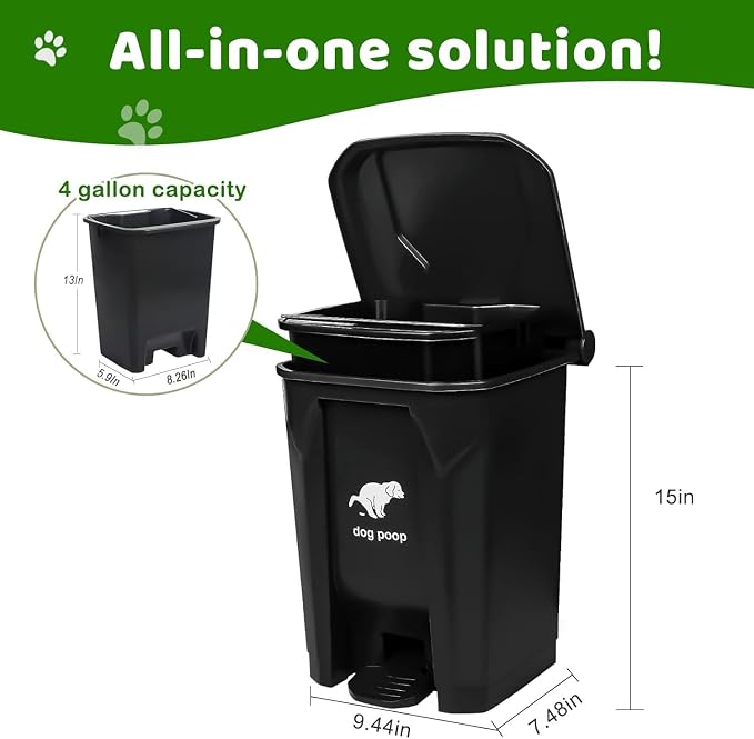 Dog Poop Trash Can Outside - 20L/5Gal Large Outdoor Trash Can with Lid | Outdoor Dog Poop Trash Can with 100 Bags, Pedal and Removable Inner Bin, Odor Control, Suitable for All Types of Dogs, Black
