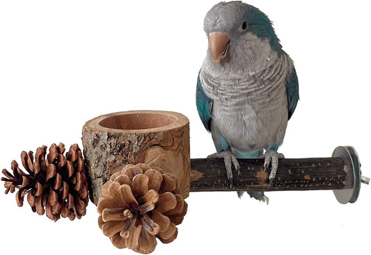 Bird Perch with Safe Bowl Wood & Pinecones - Bird Toys Chew Toys 100% Natural & Durable for Cockatiel, Conure, Budgie, Lovebird, Parakeet - Birdcage Accessory for Foraging & Oral Health