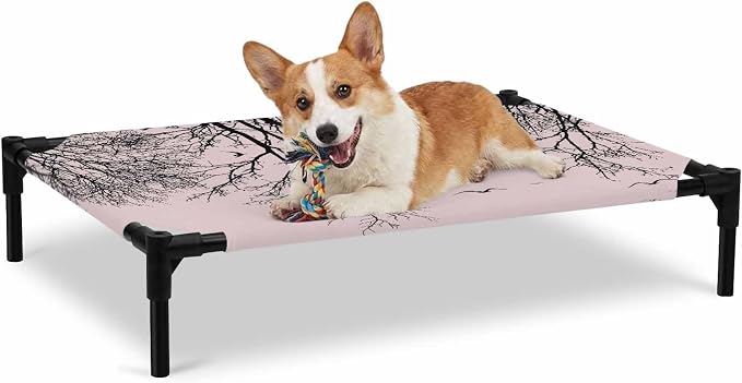 Outdoor Elevated Dog Bed for Large Dogs, Pink Black Branches Breathable Cooling Raised Dog Cot for Indoor/Outdoor, Botanical Dead Tree Birds Waterproof Elevated Pet Beds, L 28 x 22 in