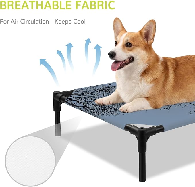 Outdoor Elevated Dog Bed for Large Dogs, Blue Black Branches Breathable Cooling Raised Dog Cot for Indoor/Outdoor, Botanical Dead Tree Birds Waterproof Elevated Pet Beds, L 28 x 22 in