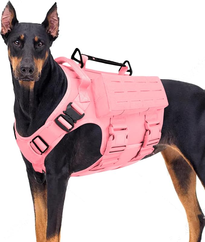 AIWAI Tactical Dog Harness with Handle for Large Dogs,2X Metal Buckle, Dog MOLLE Vest with Pockets,No Pull Adjustable Pet Harness, Easy Control Dog Vest Harness for Working Training (Pink, Medium)