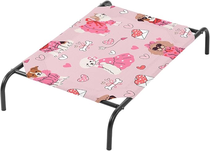 QOOMO Elevated Dog Bed with Cooling Fabric, Pet Cot for Small and Big Dogs, Indoor and Outdoor Use, Joint Relief, Cute Printed Cushion Included (Princess Dog, 47.24" L*31.89" W*9.45" Th)