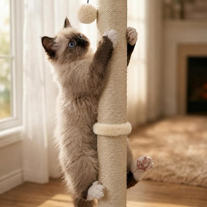 Dimaka 34" Height Tall Cat Scratching Post, Claw Scratcher with Sisal Rope and Covered with Soft Smooth Plush, Vertical Scratch [Full Strectch] Cats (Beige, 34 inches for Large Cats)