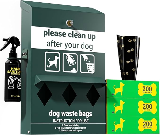 Flash Furniture Locking Dog Waste Bag Dispenser with Glow in The Dark Sign | Hand Sanitizer Bottle, Rain Guard, 600 Roll Bags Included, Durable Construction, Commercial Use