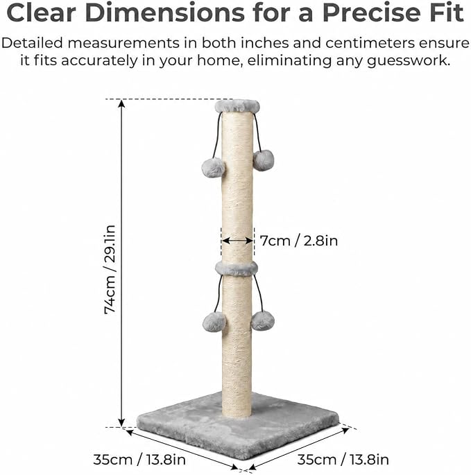 Dimaka 29'' Cat Scratching Post, Natural Sisal Rope Scratcher Post, Kitten Claw Scratch with 4 DanglingToy Balls for Large Cats (Grey)
