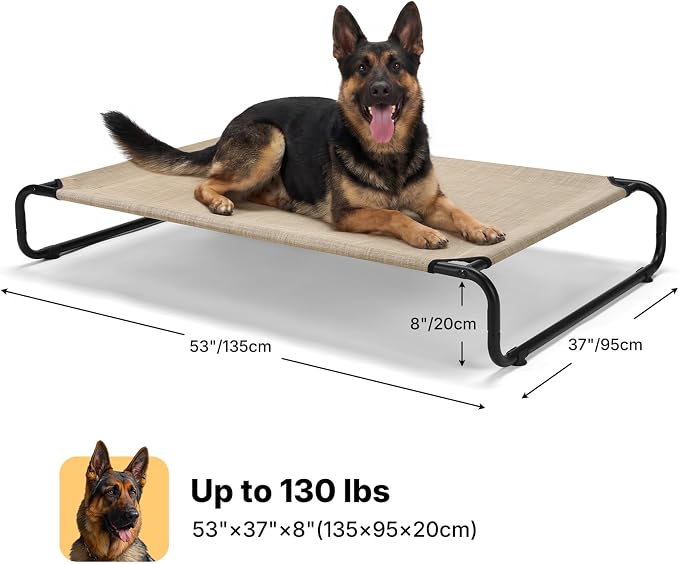 Veehoo Cooling Elevated Dog Bed, Outdoor Raised Dog Bed for Large Dogs | Dog Cot with Thickened Frame, Durable Teslin Mesh & Anti-Slip Rubber Feet, Pet Hammock for Indoor or Camping, 53", Beige