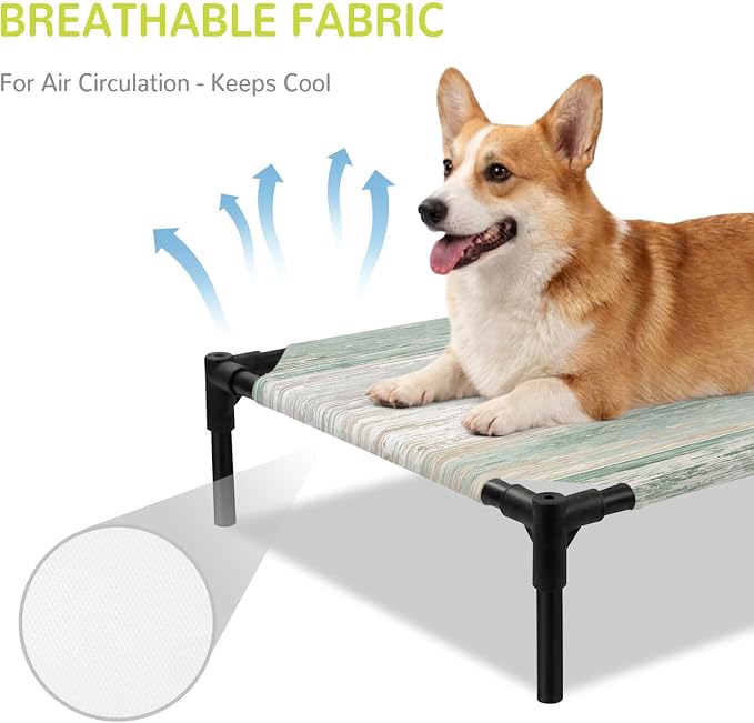 Outdoor Elevated Dog Bed for Large Dogs, Sage Green Grey Breathable Cooling Raised Dog Cot for Indoor/Outdoor, Farmhouse Gray Barn Wooden Vintage Striped Waterproof Elevated Pet Beds, L 28 x 22 in