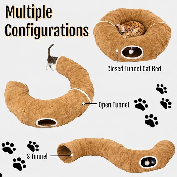 R1M Cat Tunnel Bed for Indoor Cats, Cute Cat Donut Tunnel Toys for Small, Larger Cats with Two Fish Cat Toys, Round Pet Peekaboo Cave Toy for Kitten, Brown (Brown)