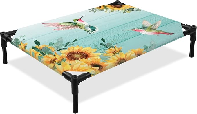 Outdoor Elevated Dog Bed for Large Dogs, Sunflowers Breathable Cooling Raised Dog Cot for Indoor/Outdoor, Spring Botanical Flowers Birds Turquoise Wooden Waterproof Elevated Pet Beds, L 28 x 22 in