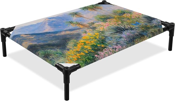 Outdoor Elevated Dog Bed for Medium Dogs, Tropical Mountain Breathable Cooling Raised Dog Cot for Indoor/Outdoor, Farmhouse Nature Trees Flowers Blue Sky Waterproof Elevated Pet Beds, M 24 x 20 in