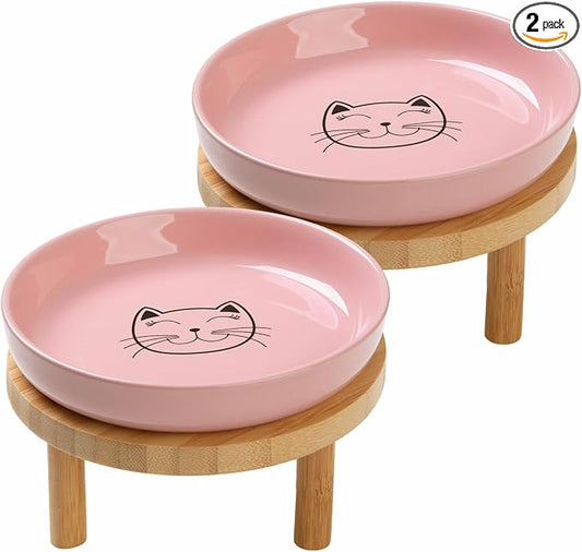 Lusifaco Shallow Elevated Cat Bowls,5.9 Inch Wide Raised Ceramic Cat Dishes with Bamboo Stand, Whisker Friendly Pet Water or Food Plates Feeding Station for Indoor Cats, Kitten(Pink,Set of 2)