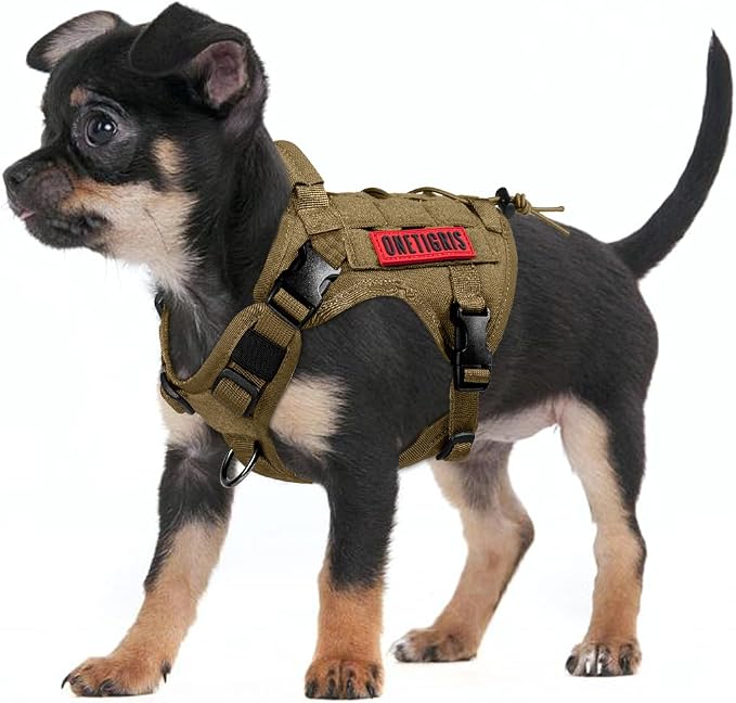 OneTigris Tactical Dog Harness with Handle No-Pull Adjustable for Small Dog | Military 1000D Pullable Nylon, Service Dog Vest with Hook & Loop Panels, Easy On & Off for Walking Hiking Training Brown XS
