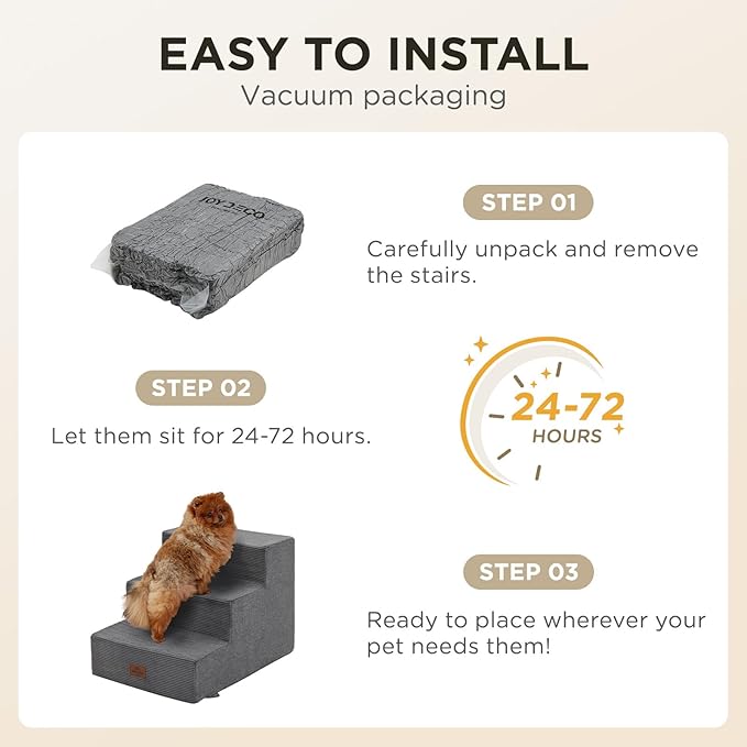 Joydeco Dog Stairs for Bed 15" H, 3-Step Pet Steps for Small Dogs and Cats, Dog Steps for High Bed, Non-Slip Balanced Ramp Indoor Pet Stairs, Gray