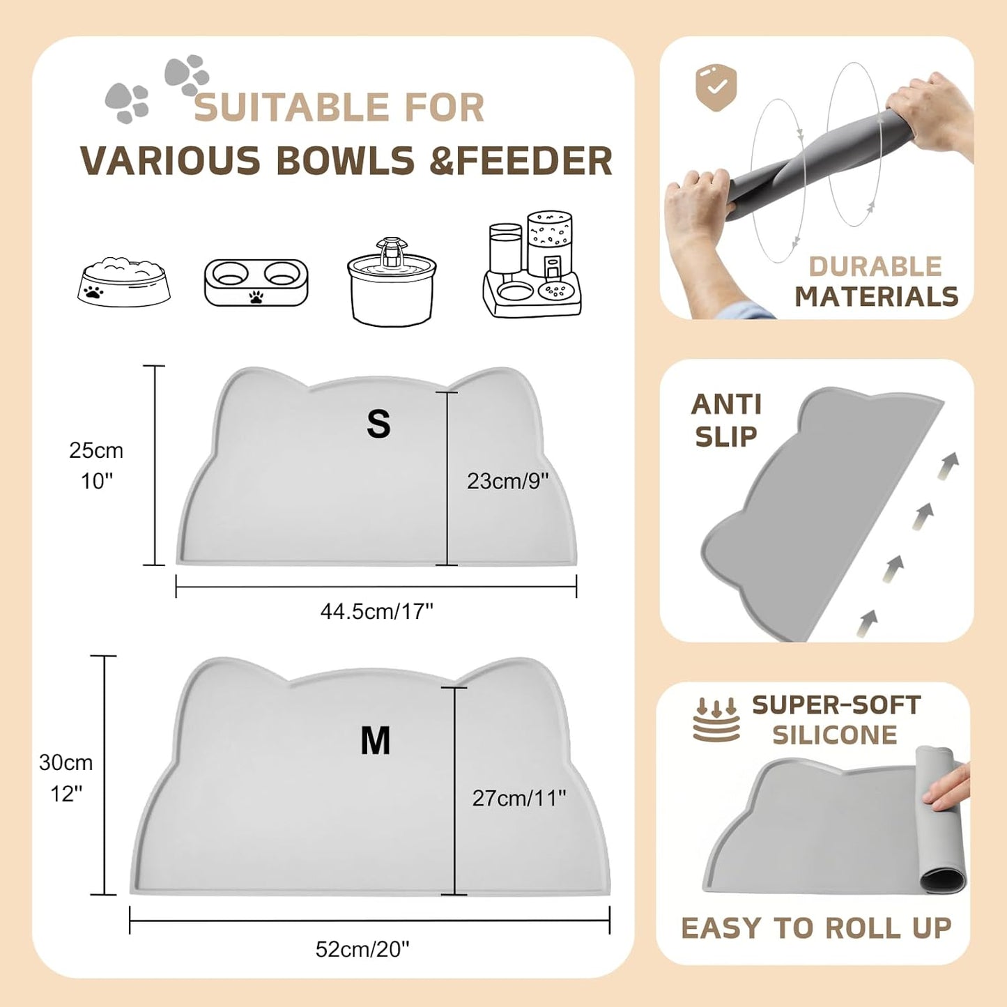 Cat Food Mat, Silicone Pet Feeding Mat for Floor Non-Slip Waterproof Dog Water Bowl Tray Cushion (17" x 10", Tea Rose)