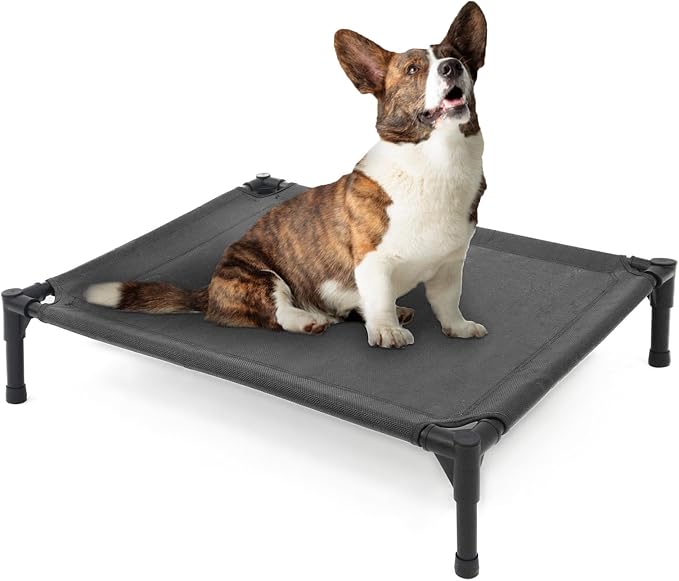 Garnpet Elevated Dog Bed for Medium Dogs, Raised Dog Cot, Heavy Duty Pet Cots with Durable Supportive Teslin Recyclable Washable Mesh, Indoor & Outdoor, Dark Grey, 32" L x 25" W x 7" Th