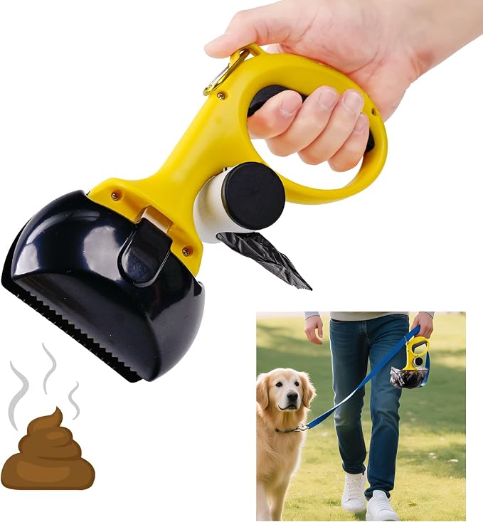 Portable Pooper Scooper for Dogs with Bag Dispenser & Leash Clip, Heavy Duty Dog Poop Scooper for Yard with Strong Serrated Edge and Comfort Grip Handle, Waste Pick Up Tool for Small,Medium,Large Dogs