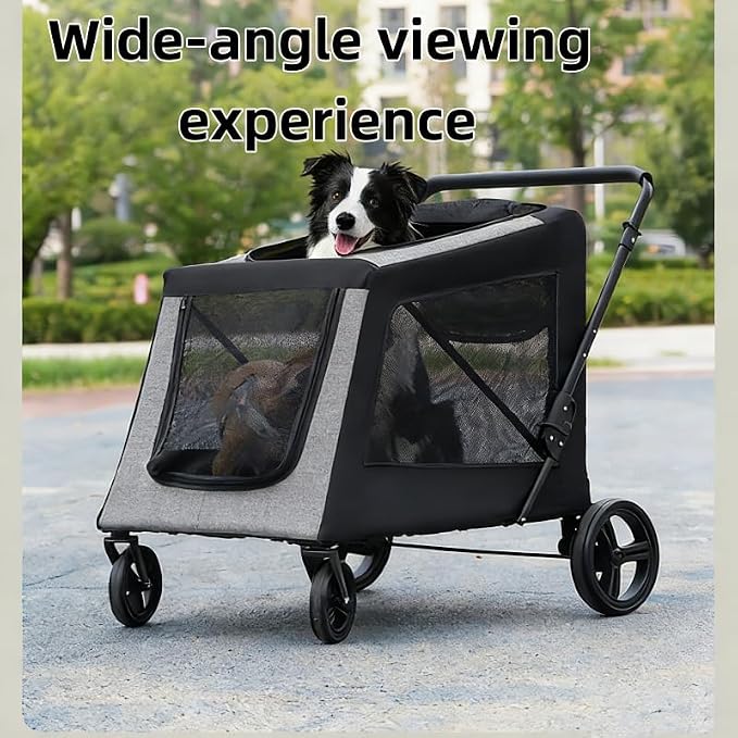 Extra Large Dog Stroller for Large Dogs Up to 130 lbs, Heavy Duty Pet Stroller with Breathable Mesh, Easy Fold Travel Pet Cart with Cup Holder, Adjustable Handle, Secure Safety Belts