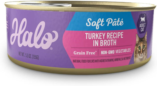 Halo Wet Cat Food Whole Turkey Stew Recipe, Grain Free Wet Cat Pate, Canned Cat Food for Extra Hydration, 5.5 Oz Can (Pack of 12)