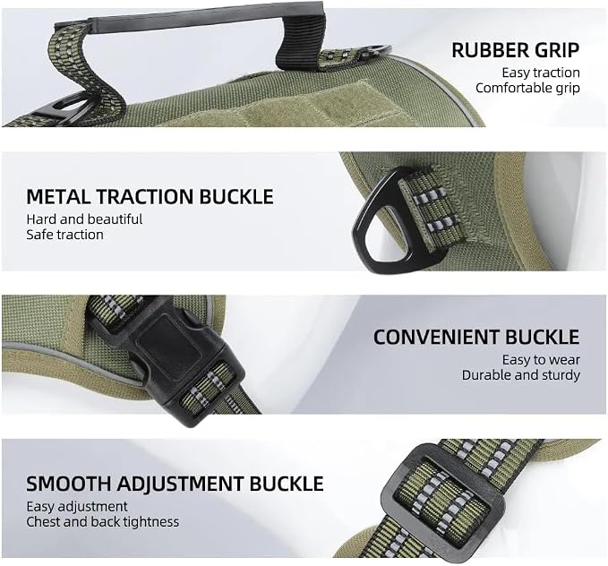 Tactical Dog Harness with Leash for Large Dogs, No Pull Adjustable Dog Harness, Reflective K9 Working Pet Vest for Walking, Training (Army Green, XL)