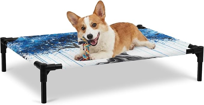Outdoor Elevated Dog Bed for Large Dogs, Blue Trees Breathable Cooling Raised Dog Cot for Indoor/Outdoor, Boho Nature Branch Leaf Plants Landscape Waterproof Elevated Pet Beds, L 28 x 22 in