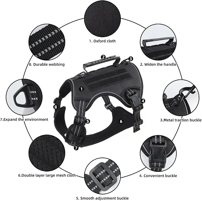 Tactical Dog Harness with Leash for Large Dogs, No Pull Adjustable Dog Harness, Reflective K9 Working Pet Vest for Walking, Training (Black, L)