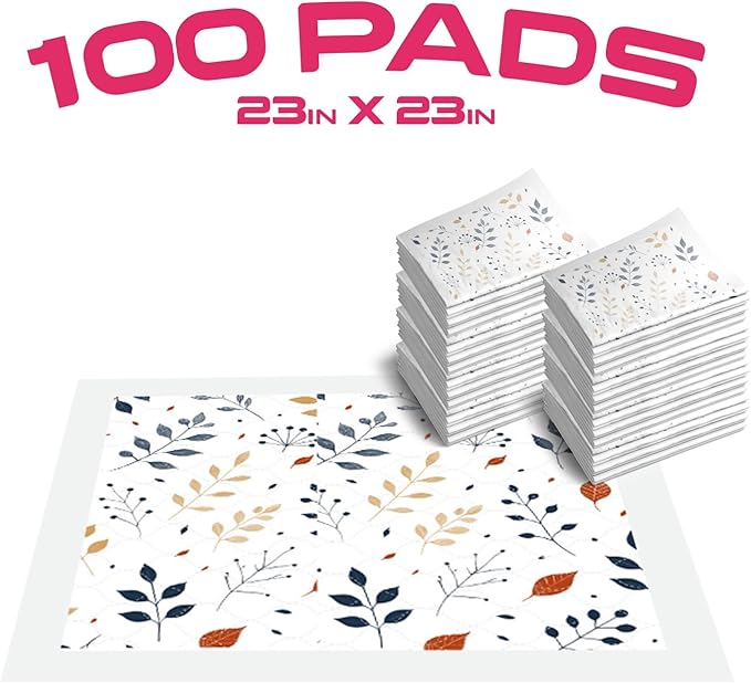 Pupiboo Disposable Dog and Cat Training Pads – Leaves Pattern, Highly Absorbent Pee Pads, Leak Proof Backing, Pheromonal Attractant for Housebreaking & Potty Training – 23x23 in (100 Count)
