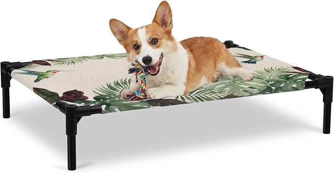 Outdoor Elevated Dog Bed for Large Dogs, Summer Hummingbirds Breathable Cooling Raised Dog Cot for Indoor/Outdoor, Tropical Palm Leaves Farmhouse Rustic Waterproof Elevated Pet Beds, L 28 x 22 in