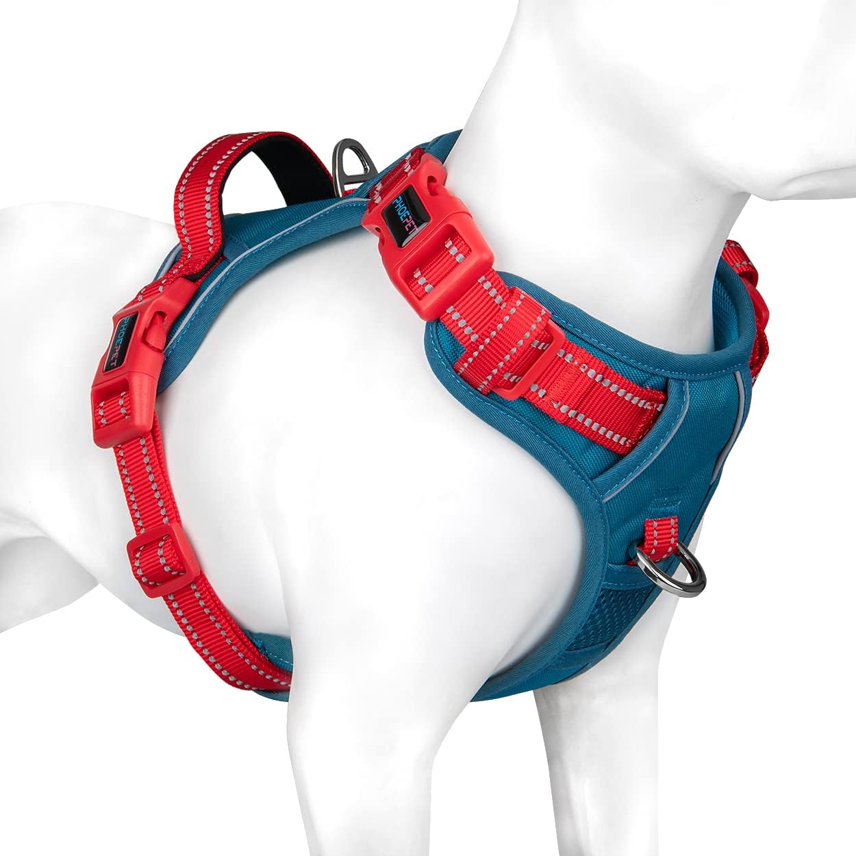 PHOEPET No Pull Dog Harness, Unique Colors Reflective Adjustable Dog Vest, with Soft Training Handle Metal Clips for Small Medium Large Dogs (Teal Base & Red Straps,XS)