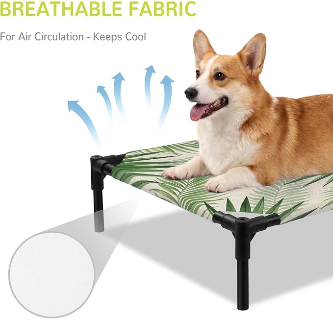 Outdoor Elevated Dog Bed for Medium Dogs, Summer Leaves Breathable Cooling Raised Dog Cot for Indoor/Outdoor, Rustic Tropical Palm Leaf Plants Branches Waterproof Elevated Pet Beds, M 24 x 20 in