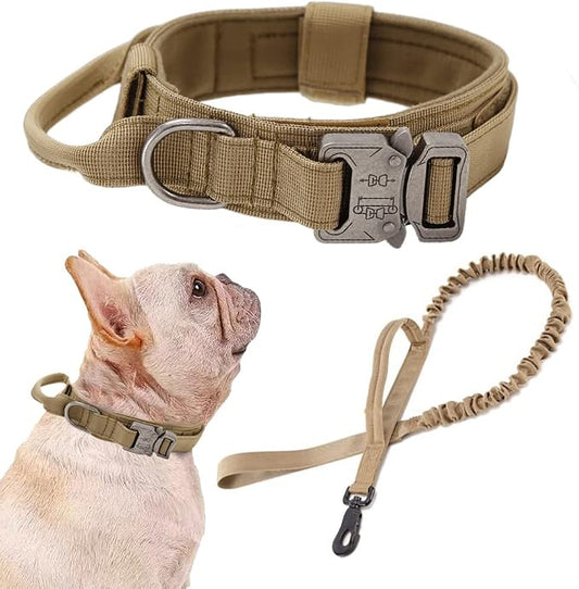Tactical Dog Collar and Leash Set Adjustable Military Nylon Dog Collar with Control Handle and Heavy Duty Metal Buckle for Large Dogs （Brown S | 1000D Heavy-Duty Nylon Fabric,Quick-Release Metal Buckle,Adjustable Fit,Soft-Padded Webbing,D-Ring,for Trai...