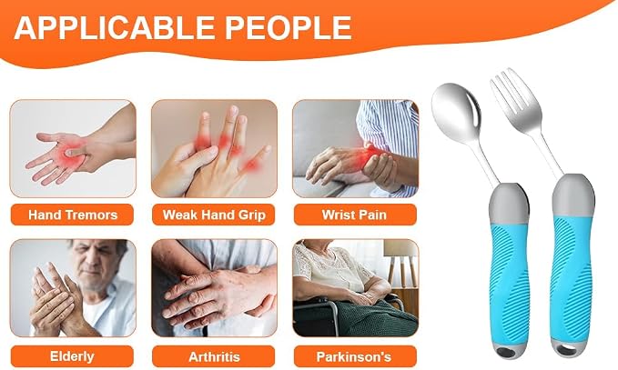 Weighted Utensils for Tremors & Parkinson's, Adaptive Eating Aids (Blue) | Adaptive silverware for shaky hands. Weighted grip design reduces tremors. Bendable neck for custom angle. Dishwasher safe