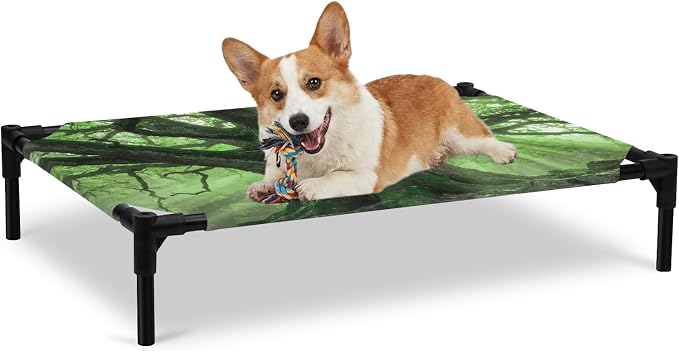 Outdoor Elevated Dog Bed for Large Dogs, Green Trees Breathable Cooling Raised Dog Cot for Indoor/Outdoor, Sunlight Forest Branches Nature Scenery Waterproof Elevated Pet Beds, L 28 x 22 in
