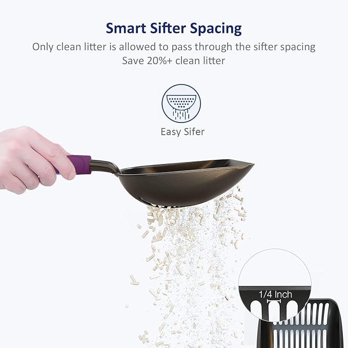 Cat Litter Scoop, Non-Stick Plated Aluminum Alloy Sifter, Kitty Durable Metal Scooper, Deep Shovel, Long Handle, Kitten Pooper Lifter, Size Medium, Coated Black Body with Violet Handle