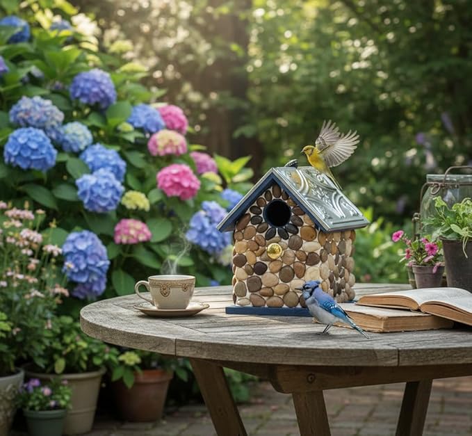 Masterpiece Bluebird Bird House for Outside Clearance, River Pebbles Cedar Bird House Bird Feeder for Outdoor, Hanging Birdhouse for Outside, Pole Mountable Birdhouse, 10 Yrs Lasting (Blue)