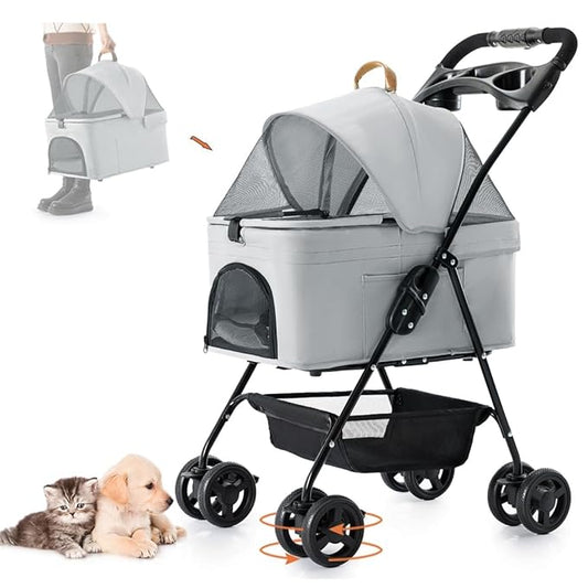 3-in-1 Pet Stroller for Small Dogs and Cats, Folding Lightweight Dog Stroller with Detachable Carrier Portable Cat Puppy Jogging Stroller with Cup Holder and Storage Basket, 4 Wheels