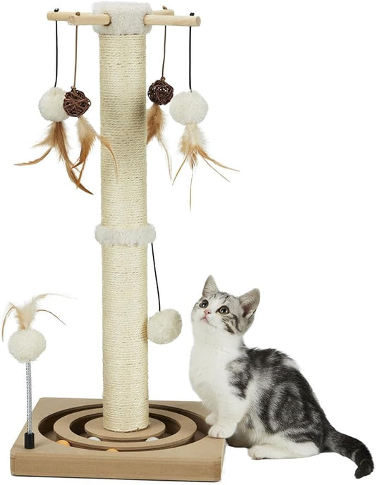 PEEKAB Cat Scratching Post Sisal Scratch Posts for Indoor Cats and Kittens,with Tracking Ball Interactive Toys and Hanging Balls 25 Inches Beige