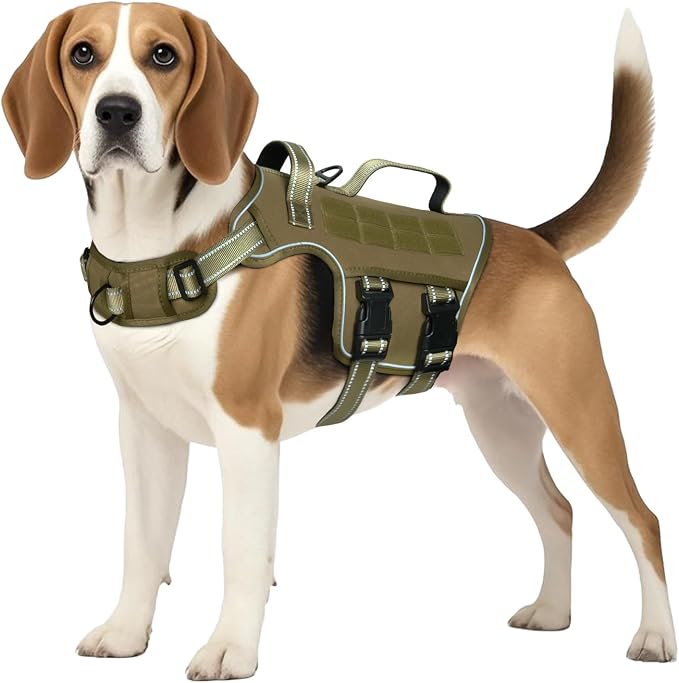 Dog Harness Medium Sized Dog, No Pull Dog Vest with Molle System | Tactical, Easy Control With Handle, Breathable Soft Padded, Adjustable, Reflective, No Choke for Walking, Khaki Medium