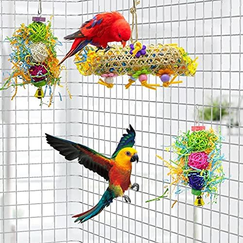 EBaokuup 3Pack Bird Chewing Toys Foraging Shredder Toy Parrot Cage Bird Loofah Hanging Toy for Cockatiel Conure African Grey Parrot